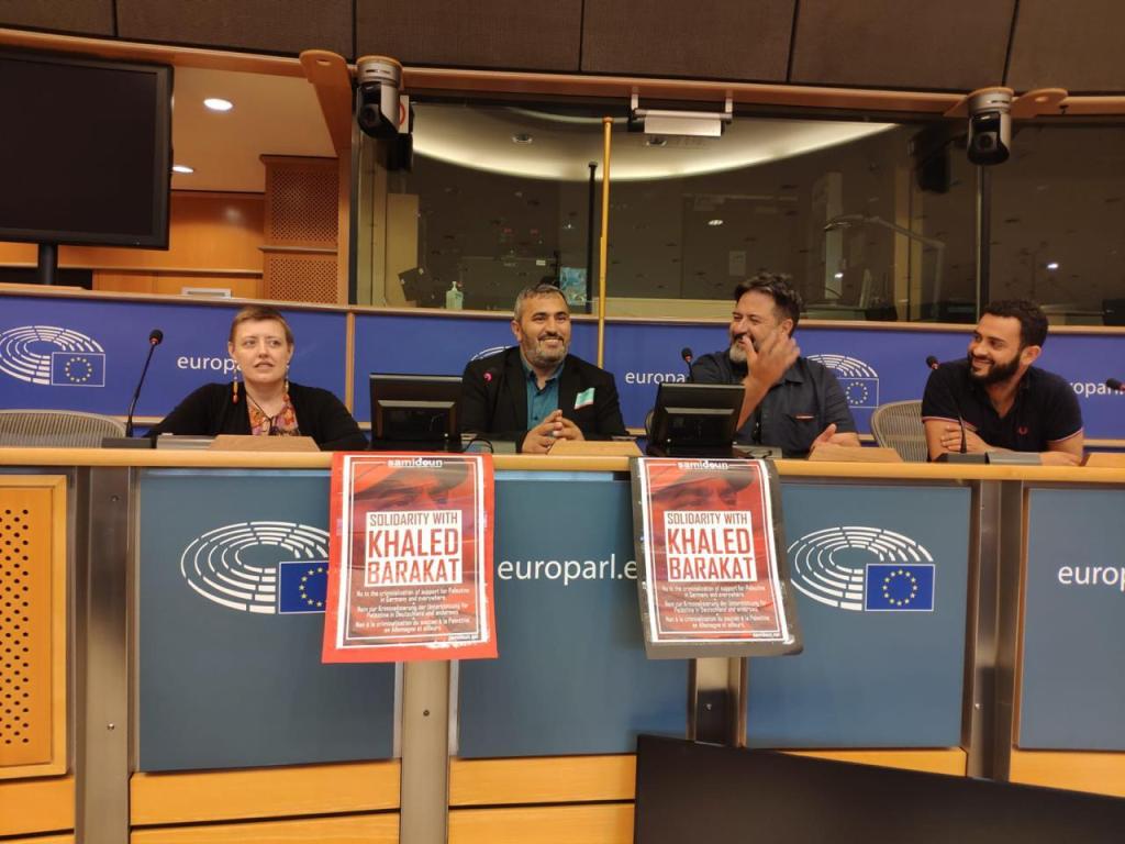Khaled Barakat, Manu Pineda, Charlotte Kates and Mohammed Khatib at the European Parliament. Photo: Izquierda Unida Europa
