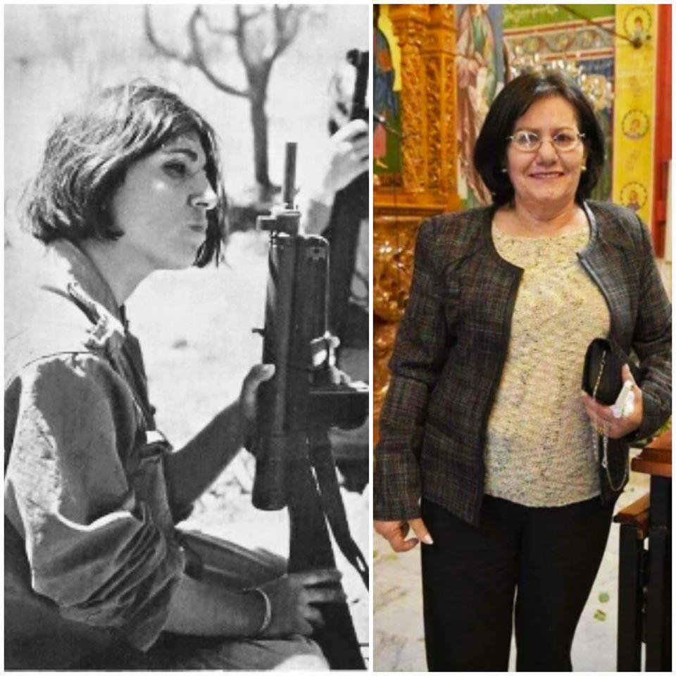 Therese Halasa as a young fighter in the camps and later in life, living in Amman after her release.