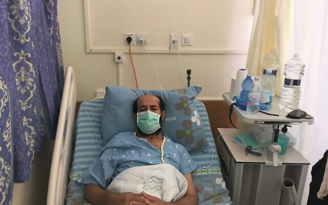 Maher al-Akhras, a 49-year-old security prisoner, while on a hunger strike in Kaplan hospital in Rehovot on October 8, 2020 (Aaron Boxerman/Times of Israel)